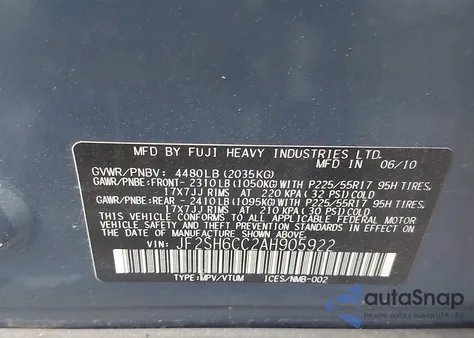 2010 Subaru Forester 2.5X Premium z USA, uszkodzony, nr VIN JF2SH6CC2AH905922